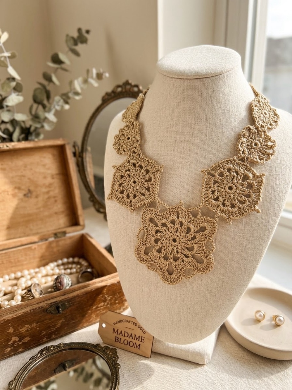 Gold Metallic Crochet Statement Necklace Lace Bib Collar